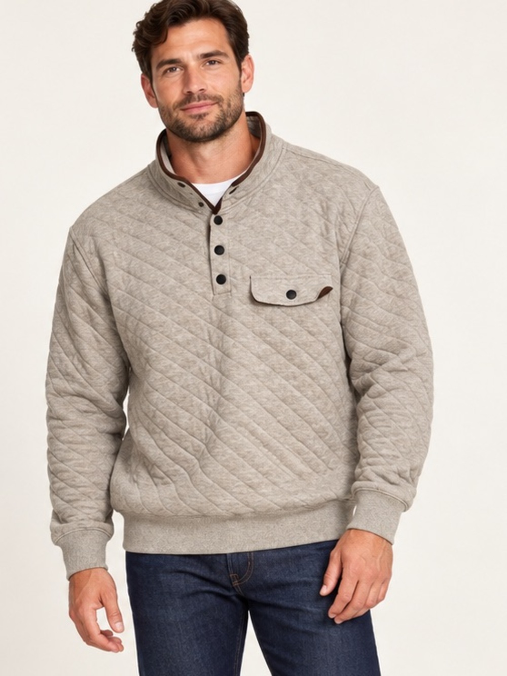 Faherty Epic Quilted Fleece Pullover Men’s XL Oatmeal Snap Neck